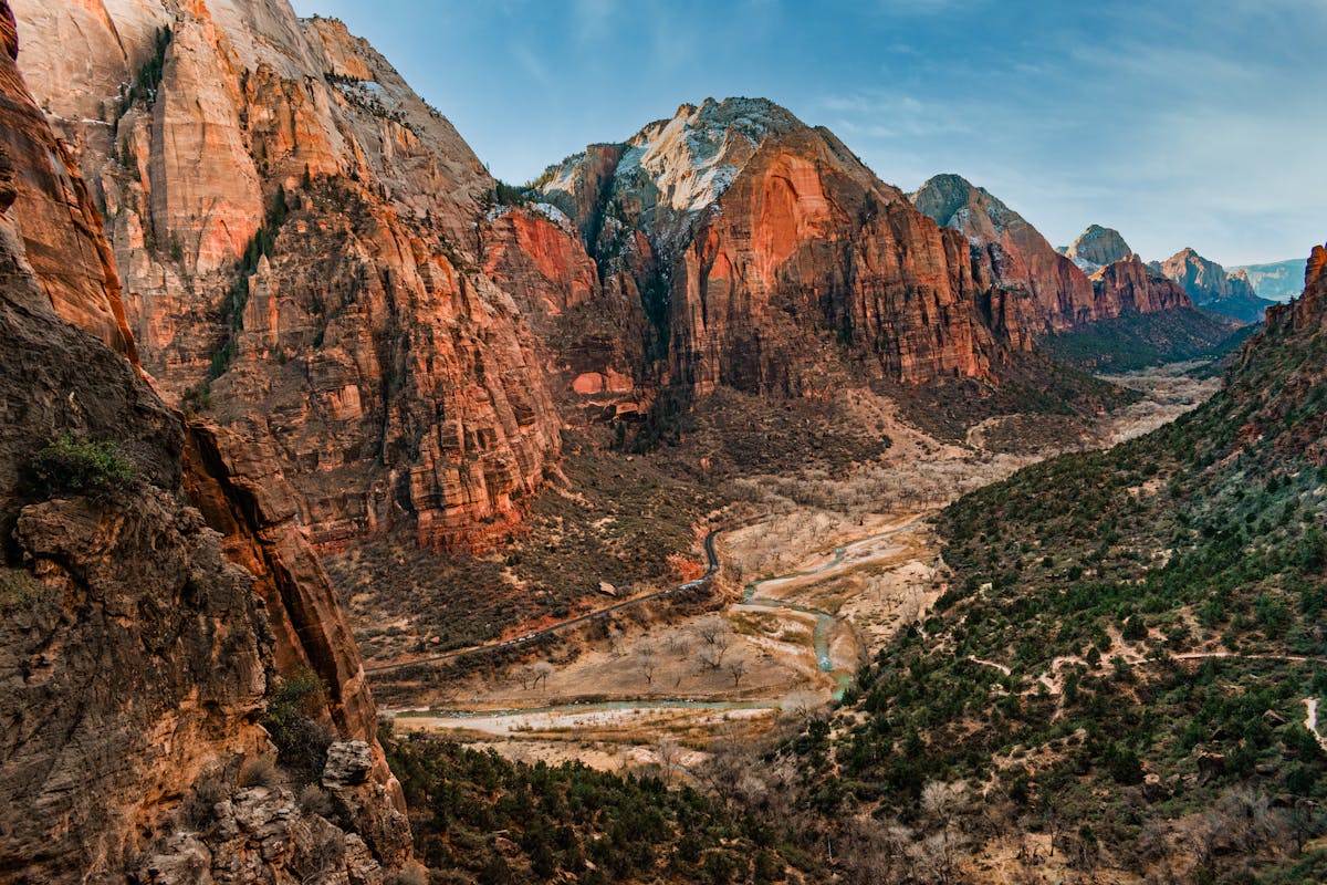 Majestic canyon landscape at Zion National Park showcasing striking geological formations.