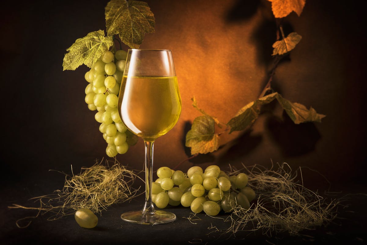 A sophisticated still life of a wine glass with green grapes and vine leaves on a warm, moody backdrop.