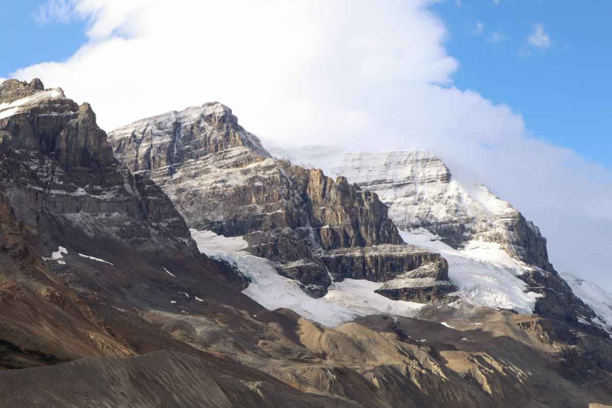 Dramatic snow-covered mountains in Jasper, Alberta, showcasing natural beauty and rugged terrain.