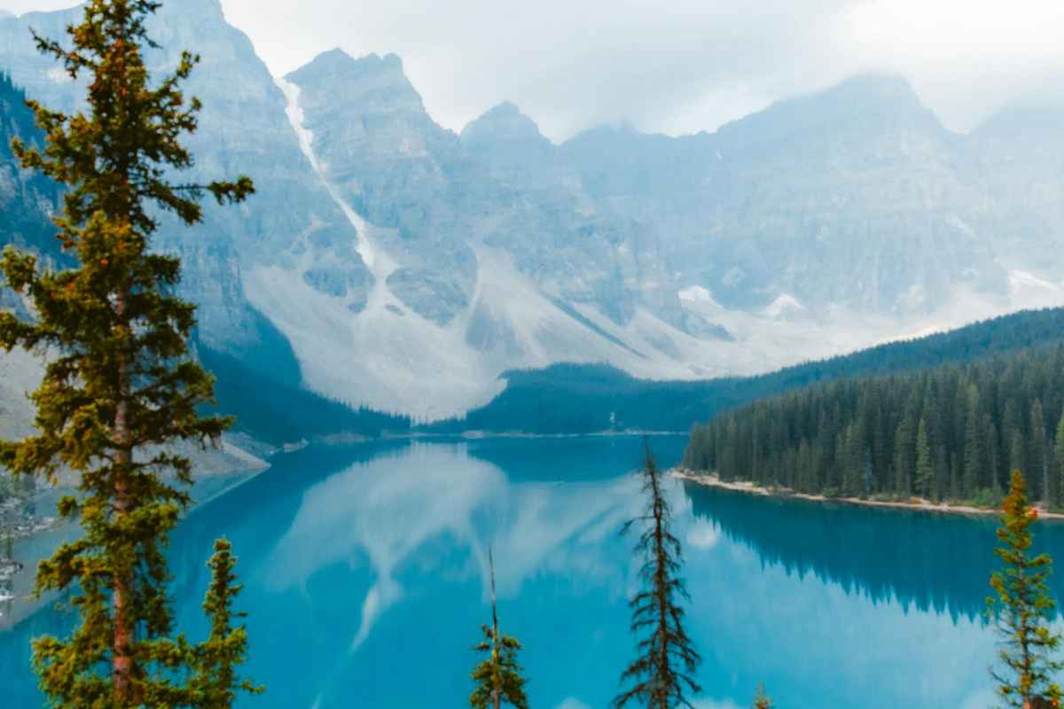Majestic panorama of Moraine Lake with turquoise waters and Canadian Rockies under a blue sky.
