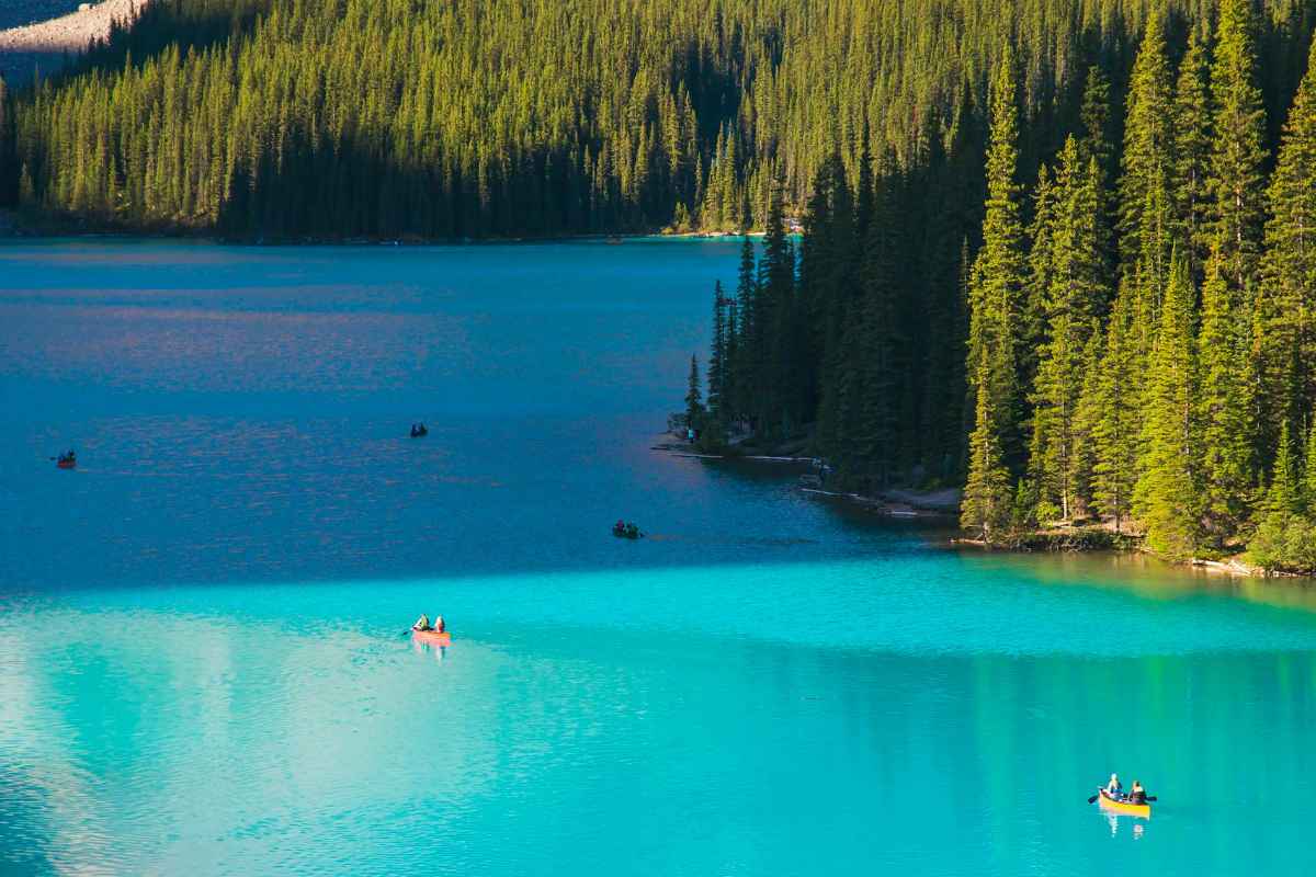 Small boats floating on calm water of river located among hills covered with green trees in sunny day