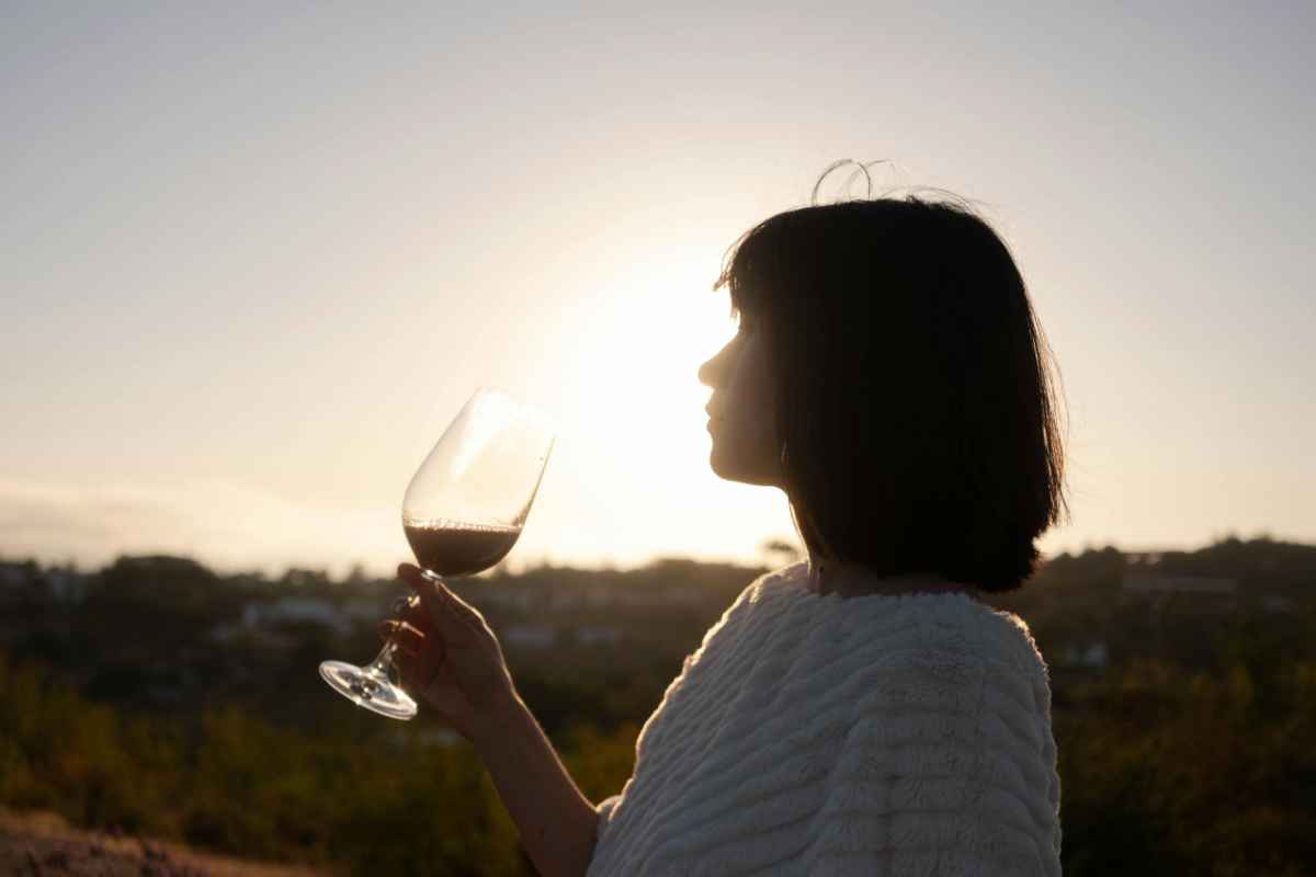 Silhouette of a woman with short hair holding a wine glass, enjoying a serene sunset outdoors.