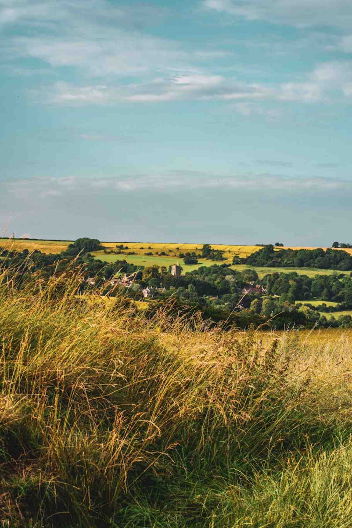 Beautiful landscape of rural countryside fields under a clear summer sky