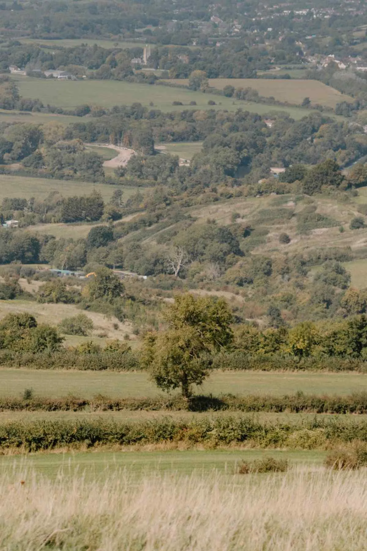 Panoramic view of rolling hills and lush greenery in the countryside near Bath England