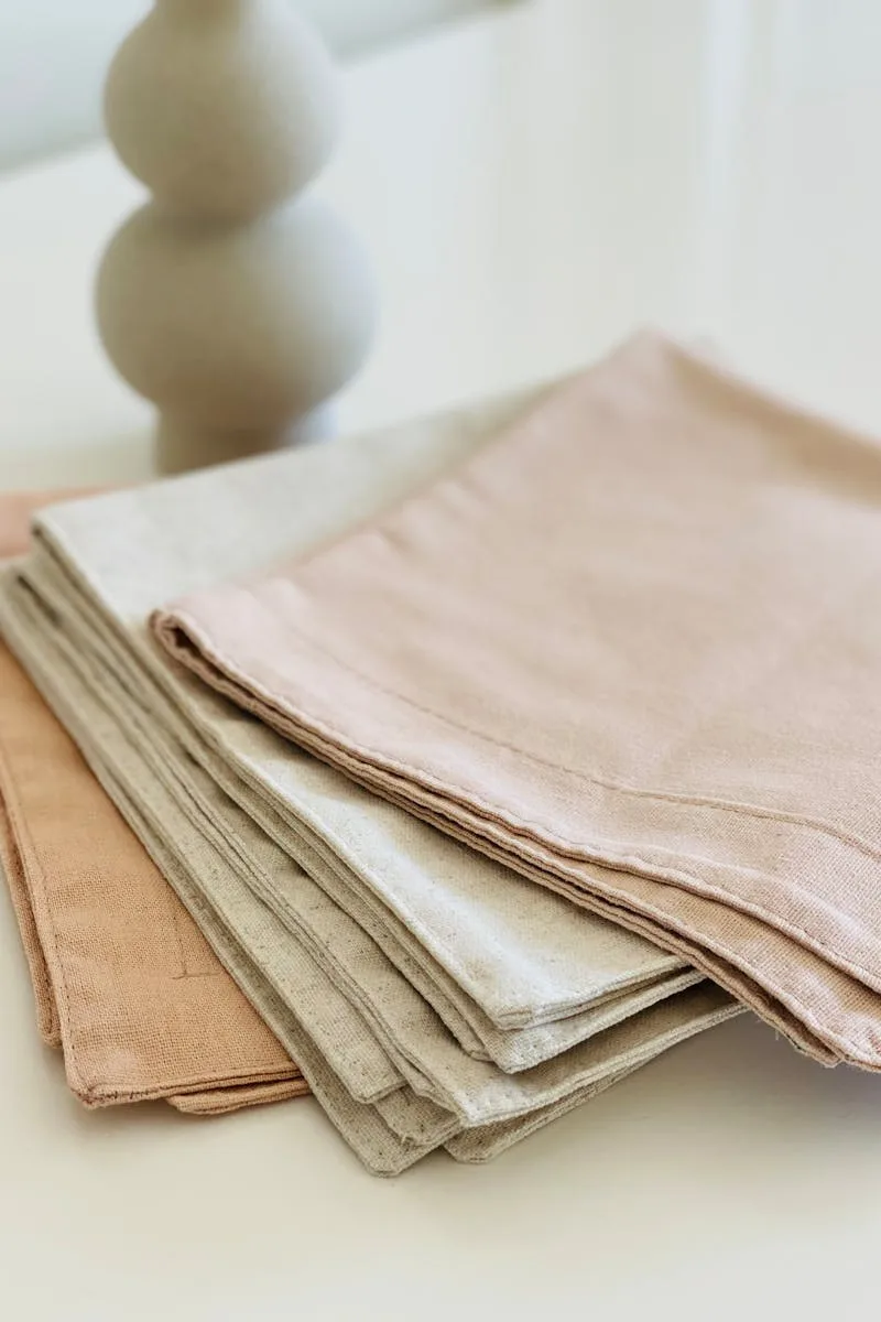 The Ultimate Guide to Quiet Luxury Home Decor: How to Achieve the Look 15 Stacked natural linen fabrics in soft neutral and blush tones representing quiet luxury home decor