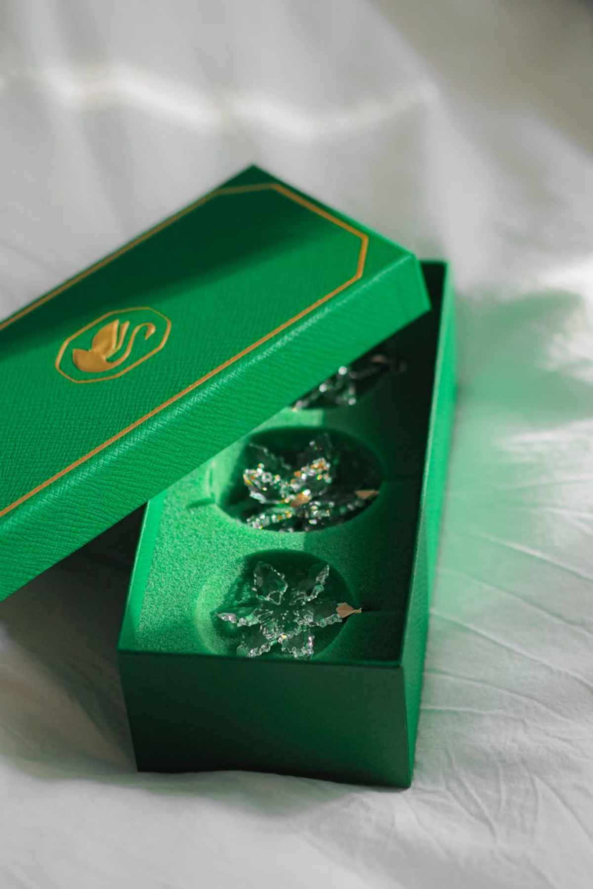 Sparkling gemstone brooches in a luxurious green box crystal jewelry