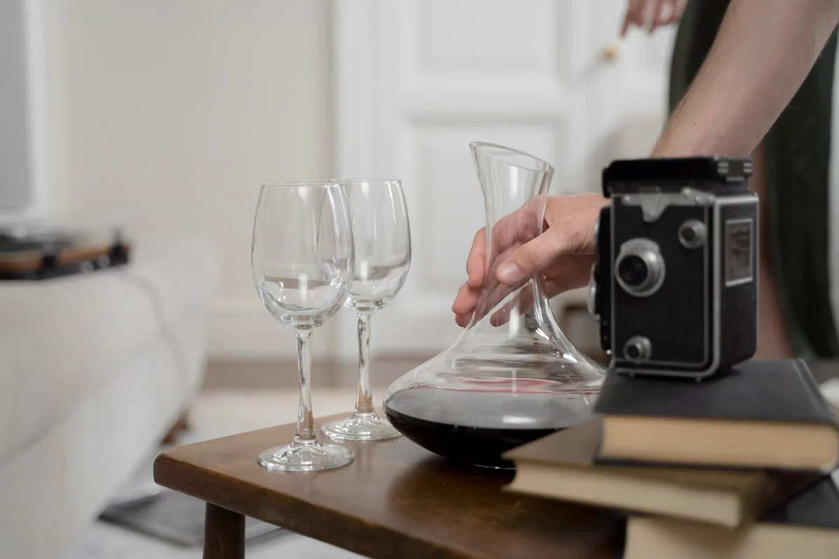 Serving pinot noir wine grapes at the correct temperature - wine decanter and glasses for proper presentation