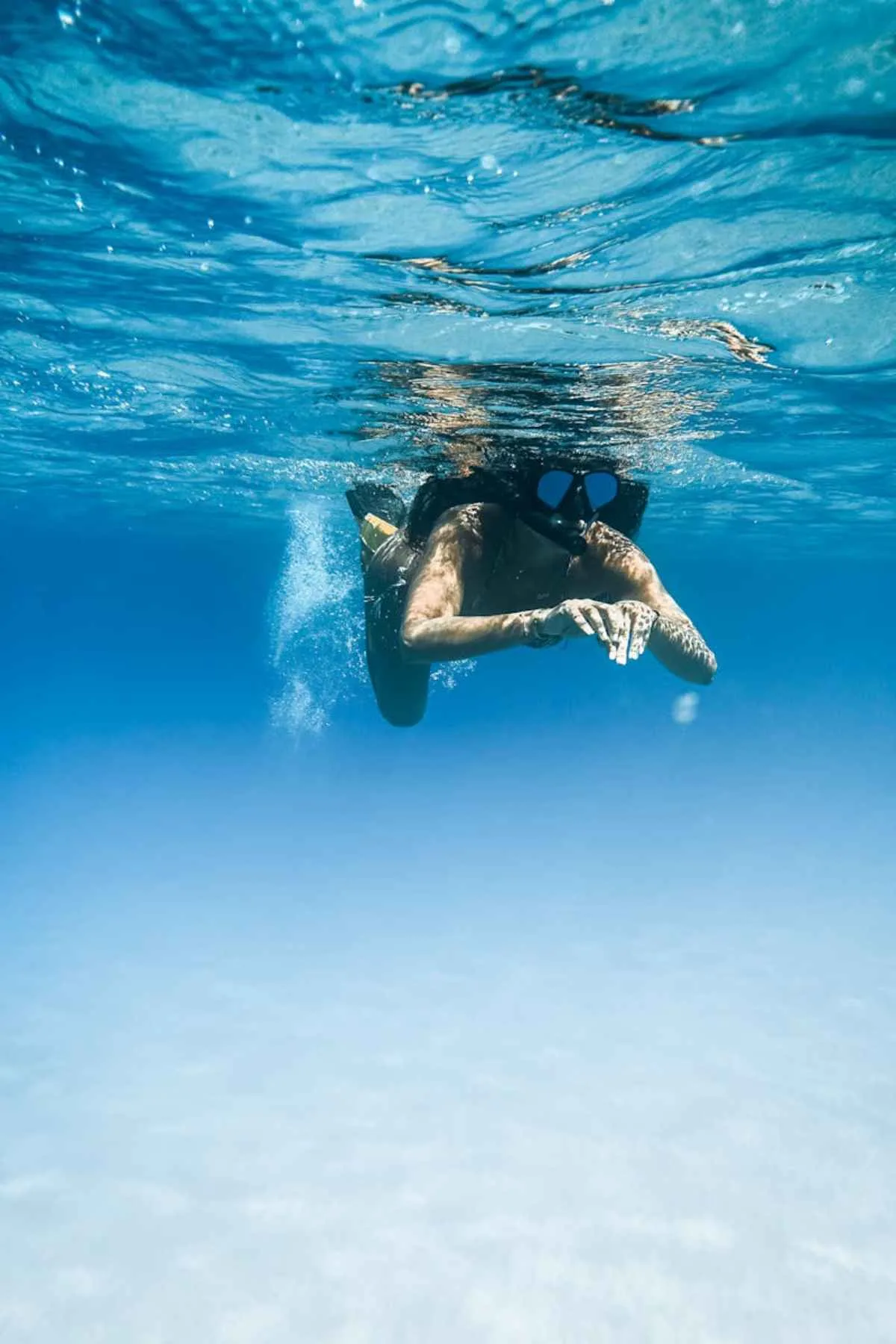 Woman snorkeling underwater clear blue ocean Hawaii marine life